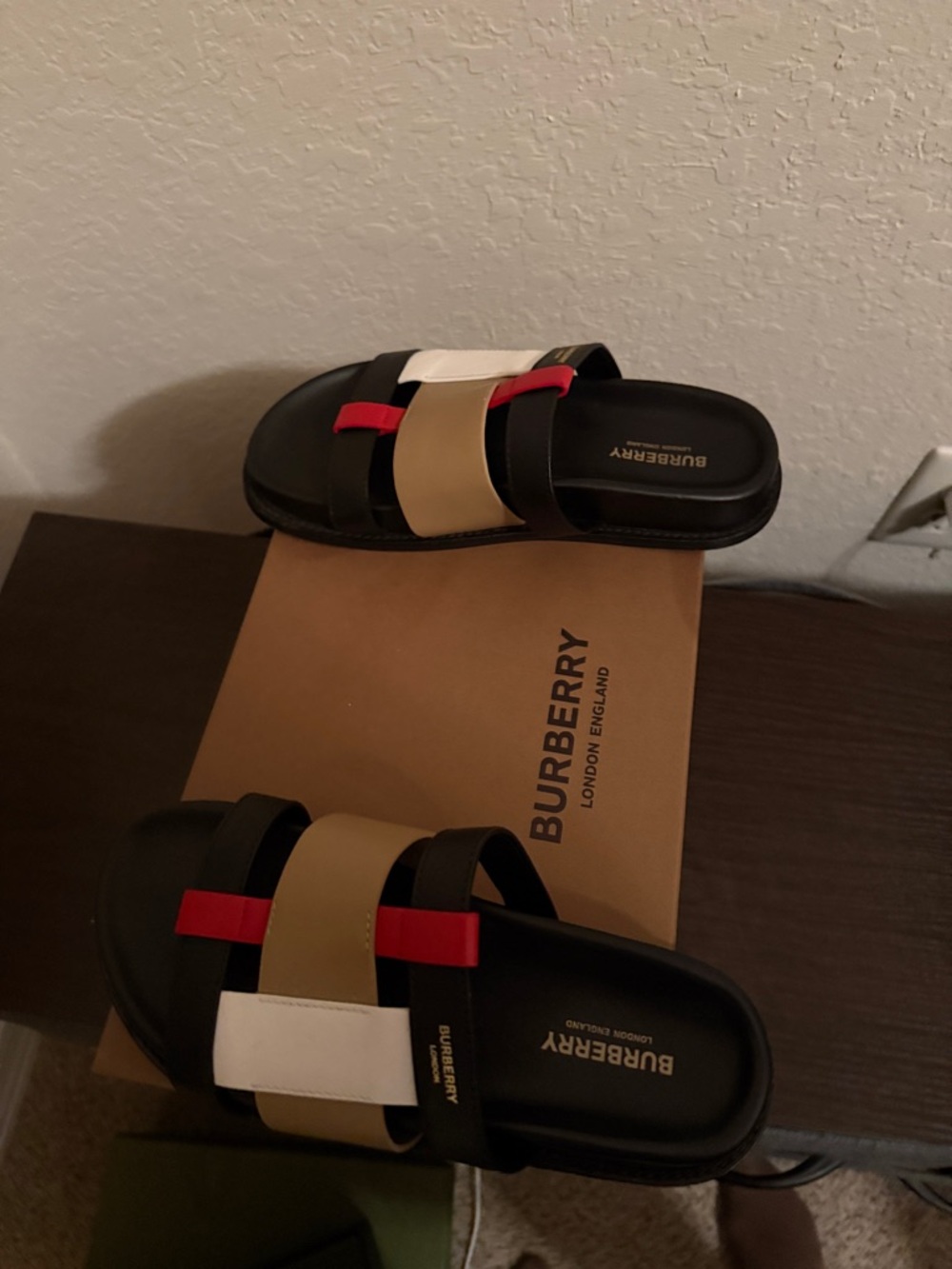 Burberry Black Slide Sandals with Beige, White & Red Straps - Picture 4 of 7
